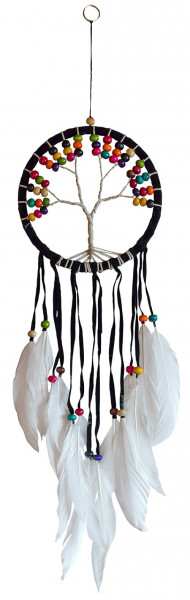 Traumfänger "Tree of Life" Leder braun 16cm mit farbigen Holzperlen, 16x50cmn