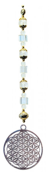 Suncatcher "Blume des Lebens" Metall 4cm mit 6 transparenten Glaselementen 60cm