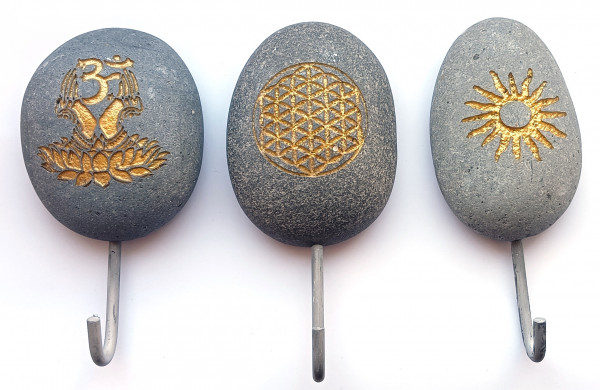 3er Set Steinhaken, Blume des Lebens/ Om Namaste/ Sonne, je 10x7cm