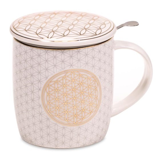 schmucke Teetasse mit Sieb und Deckel aus Porzellan in 11 Farb- und Mustervariationen