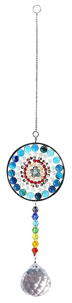 Suncatcher "Mandala" blau mit Glasperlen und 30mm Kristallkugel, 5x36cm