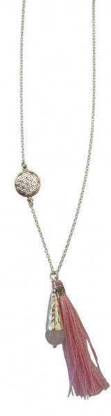 Kette "Blume des Lebens" 1,2cm Silber 925 mit Rosenquarz-Perle und Rosa Tassel 42cm