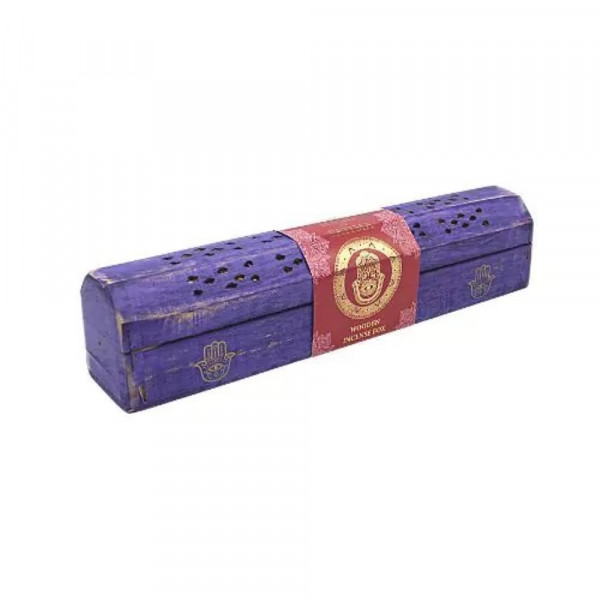 Räucherstäbchenhalter India Truhe "Hand of Fatima" Holz violett 30x8cm