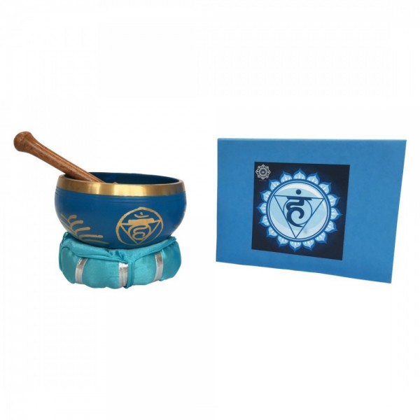 Klangschalen Set „Vishuddi Chakra“ Messing türkis mit Klöppel & Kissen 10cm ca. 330g