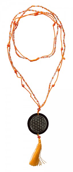 Mala Flower of Life Glasperlen orange mit gelaserter Muschelscheibe 46cm