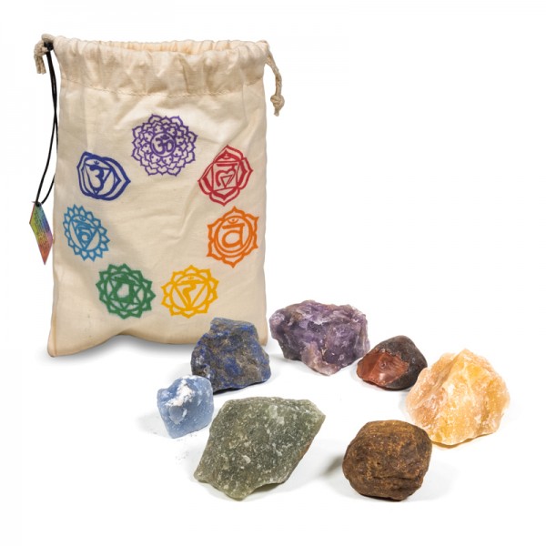 Set aus 7 Chakrasteinen im bedruckten Baumwolltäschchen