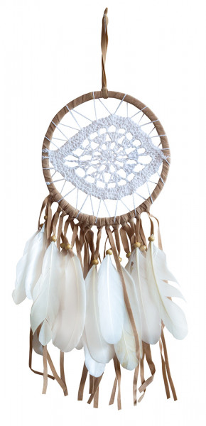 Traumfänger "White Eye" Leder braun mit gehäkeltem Netz, 16x50cm
