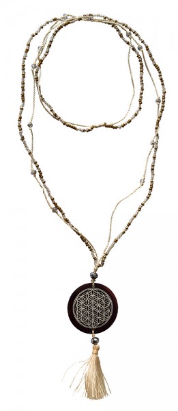 Mala Flower of Life Glasperlen goldfarben mit gelaserter Muschelscheibe 46cm