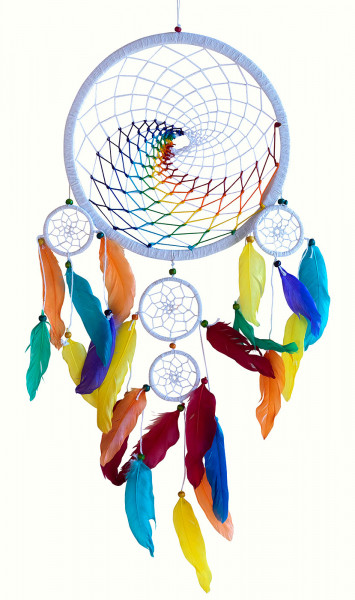 Traumfänger Mobile "Rainbow Spiral" mit 5 Traumfängern (1x22cm, 2x6cm, 3x5cm) weiß, mit Federn in Re