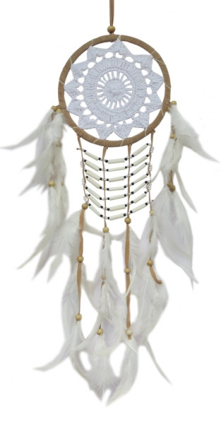Traumfänger "White Shield" Leder mit gehäkeltem Netz, 18x60cm