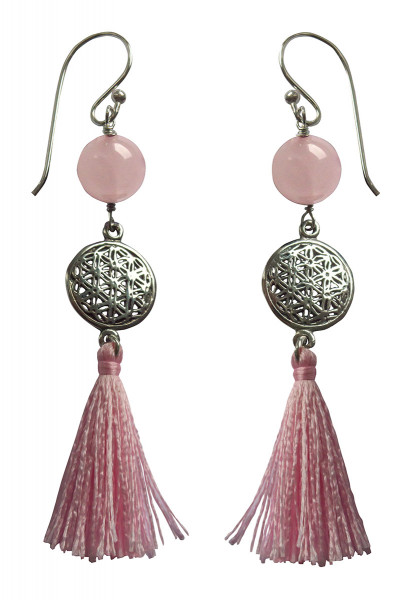 Ohrhänger "Blume des Lebens" 1,2cm Silber 925 mit Rosenquarz-Perle und Rosa Tassel 3,5cm