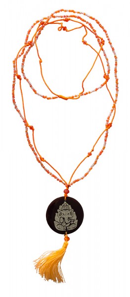 Mala Ganesha Glasperlen orange mit gelaserter Muschelscheibe 46cm