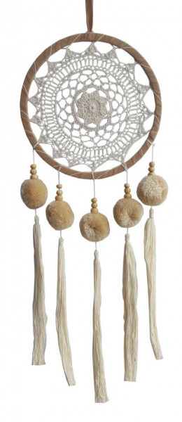 Traumfänger "PomPom" Leder mit gewebtem Netz und weissen Tassel, 22x70cm