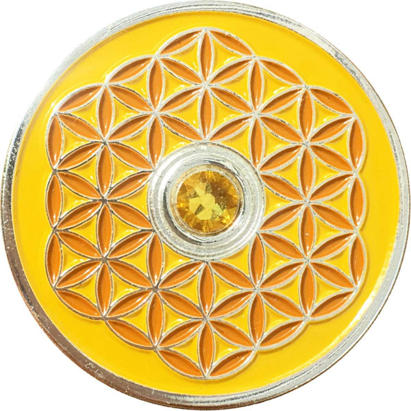 farbenfroher Taler mit der Blume des Lebens und Swarowski-Kristall