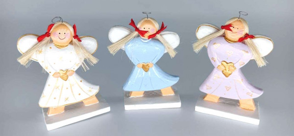"Schutz(b)engel mit Herz stehend" 3er Set Holz, weiß/blau/lila 6x10cm