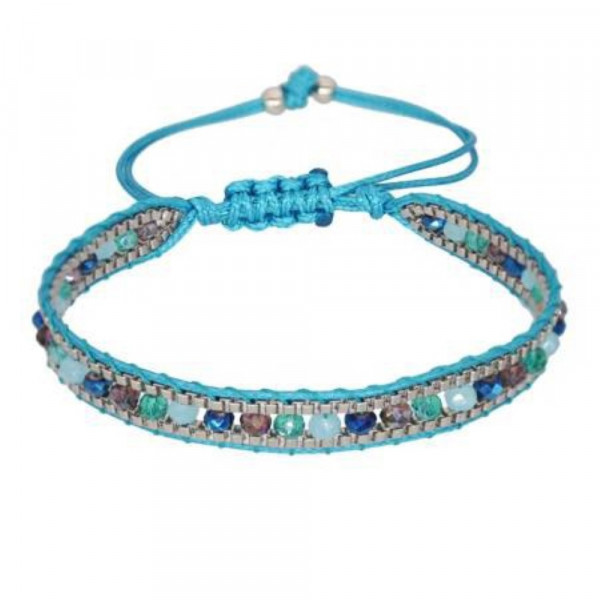 Armband "Crystal" Baumwolle geflochten mit Glasperlen, türkis 14-28cm