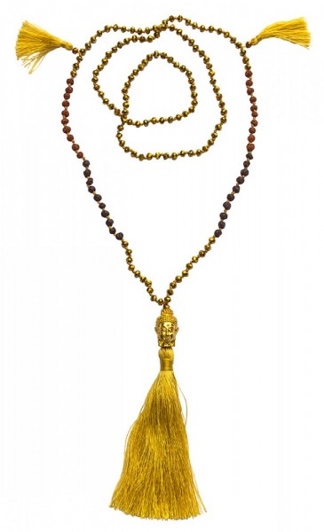 Buddha Mala gold mit Glasperlen, Lavasteinen und Rudraksha 58cm