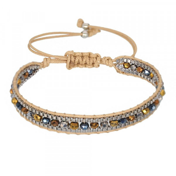 Armband "Crystal" Baumwolle geflochten mit Glasperlen, beige 14-28cm