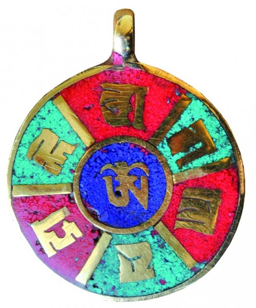 Anhänger Om Mani Padme Hum grün/rot Messing rund 2,5cm