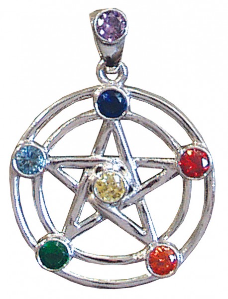 Anhänger Pentagramm 7 Chakrensteine Messing-versilbert