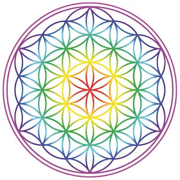 Aufkleber 14cm Blume des Lebens Regenbogen-Chakra transparent