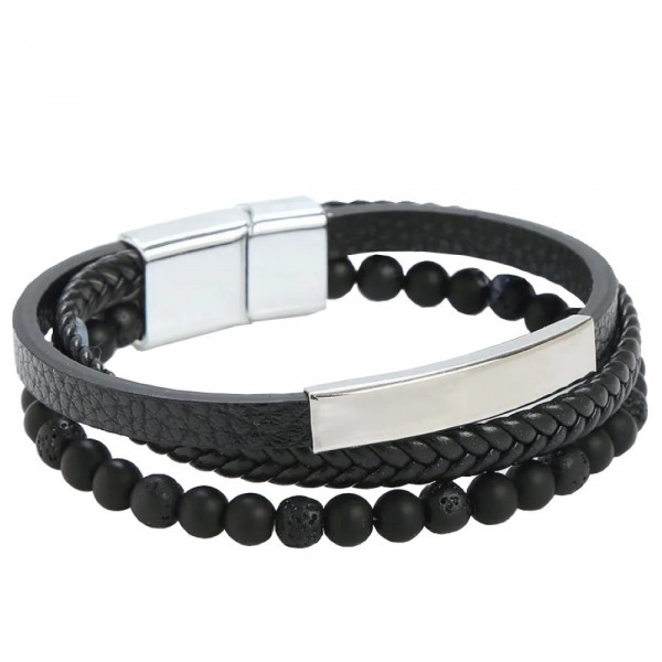Herren Armband 3 Strang, Lavastein, Leder, Magnetverschluss, schwarz, 21x2cm