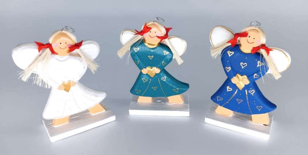 "Schutz(b)engel mit Herz stehend" 3er Set Holz, weiß/türkis/blau 6x10cm