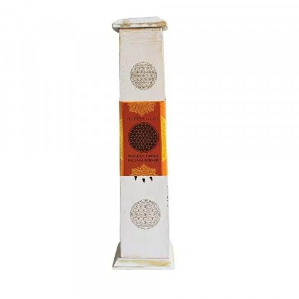 Räucherstäbchenhalter Turm "Blume des Lebens" Holz weiß 30x8cm