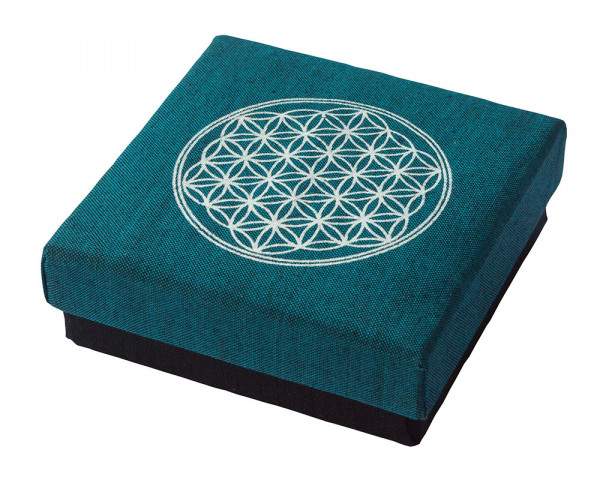 Geschenkbox "Blume des Lebens" Baumwolle türkis 9x9cm
