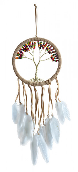 Traumfänger "Tree of Life" Leder 16cm mit farbigen Holzperlen, 16x50cm