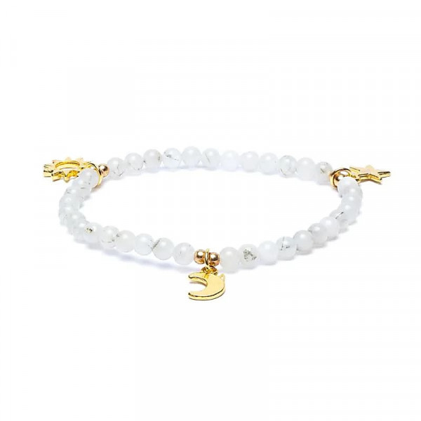 Armband Mondstein elastisch mit Stern/Mond/Sonne Anhängern -- 4mm
