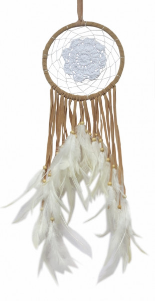 Traumfänger "Engelsfeder" Leder mit gehäkeltem Netz, Braun/Weiss 16x55cm