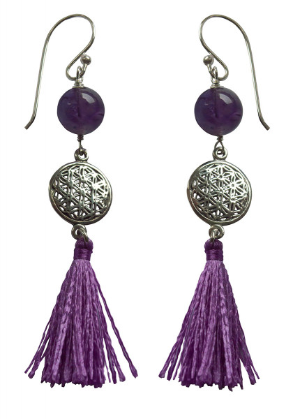 Ohrhänger "Blume des Lebens" 1,2cm Silber 925 mit Amethyst-Perle und Lila Tassel 3,5cm