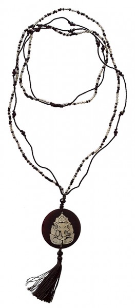 Mala Ganesha Glasperlen schwarz mit gelaserter Muschelscheibe 46cm