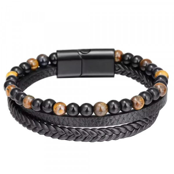 Herren Armband 3 Strang Leder mit Tigeraugenperlen, schwarz, 20x2cm