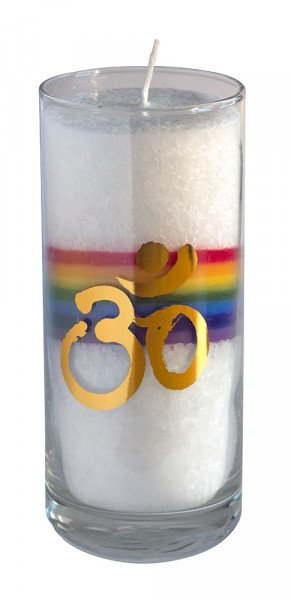 Kerze "Crystal Rainbow Om" im Glas Stearin weiss 14cm