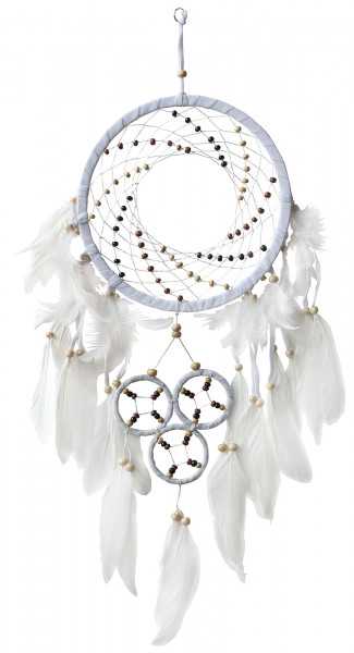 Traumfänger "Cosmic Swirl" Leder weiss, mit 1TF 22cm und 3TF 6cm, 22x60cm