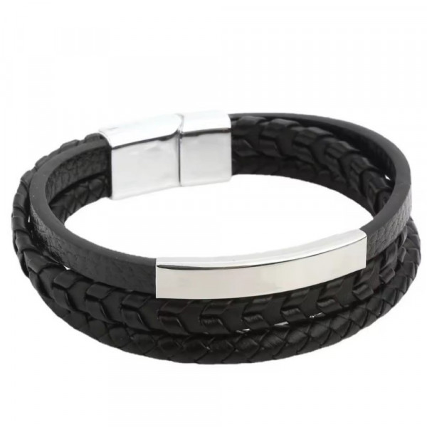 Herren Armband 3 Strang, Leder mit Edelstahl Schnalle, schwarz, 21x2cm