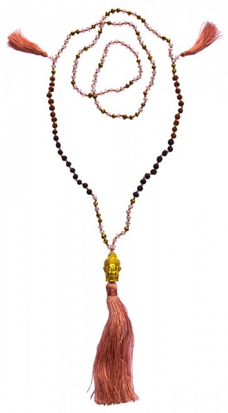 Buddha Mala pink mit Glasperlen, Lavasteinen und Rudraksha 58cm