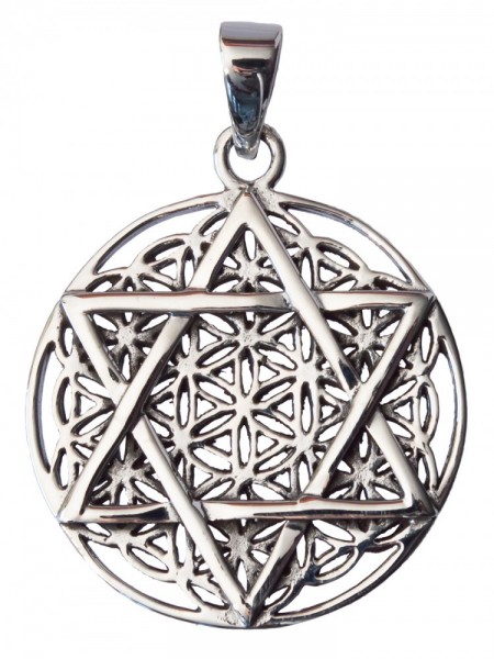 Anhänger Blume des Lebens mit Hexagram Messing-Versilbert