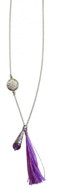 Kette "Blume des Lebens" 1,2cm Silber 925 mit Amethyst-Perle und Lila Tassel 42cm