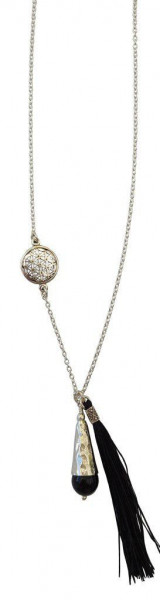 Kette "Blume des Lebens" 1,2cm Silber 925 mit Onyx-Perle und Schwarzer Tassel 42cm