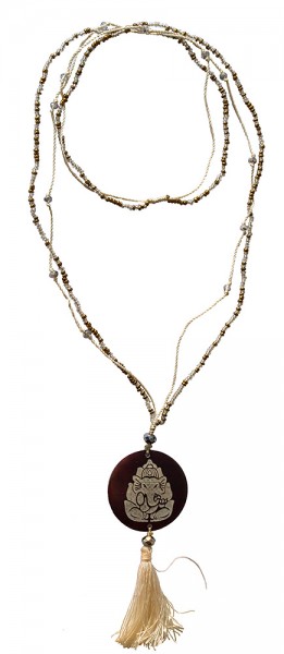 Mala Ganesha Glasperlen goldfarben mit gelaserter Muschelscheibe 46cm