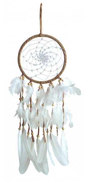 Traumfänger "White Swirl" Leder braun mit weissen Perlen, 16x55cm