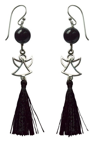 Ohrhänger "Engel" 1,2cm Silber 925 mit Onyx-Perle und Schwarzer Quaste, 5,5cm