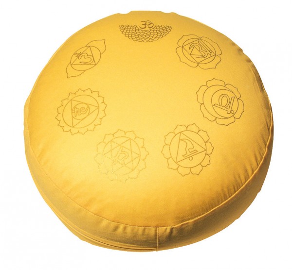 Meditationskissen 7 Chakren goldgelb rund 35x15cm mit inlet 100% Baumwolle mit Dinkelspelzfüllung