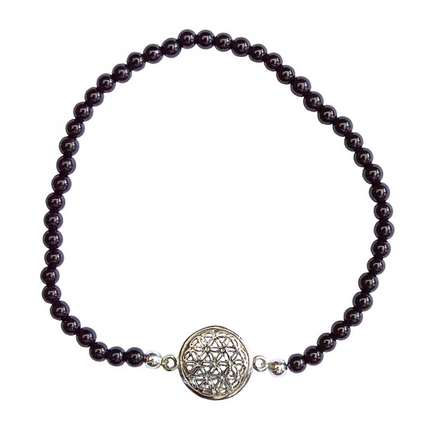 Armband Blume des Lebens 1,2cm Silber 925 mit Onyx Perlen 6cm elastisch