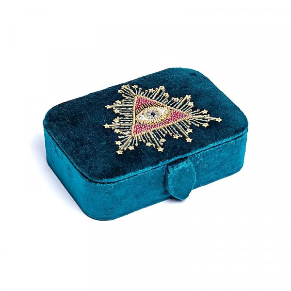 Schmuck- / Tarotkästchen Samt petrol mit Tarotauge -- 11x15,5x5 cm