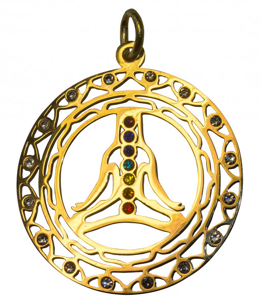 Anhänger "Chakra Buddha" mit 23 Zirkonia aus Edelstahl vergoldet, 3cm