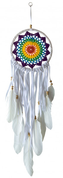 Traumfänger "White" mit gehäkeltem Netz, weiß/bunt mit langen Nylon Bändern und Federn, 16x60cm